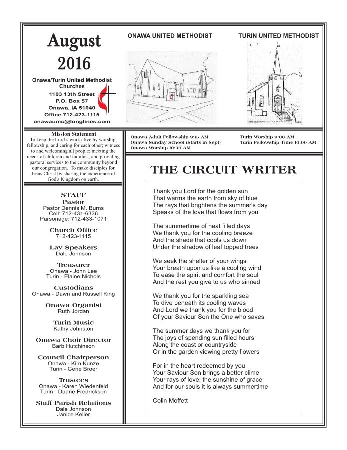 Onawa/Turin UMC Newsletter August 2016