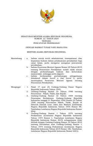 pma no 22 tahun 2024 tentang pencatatan pernikahan