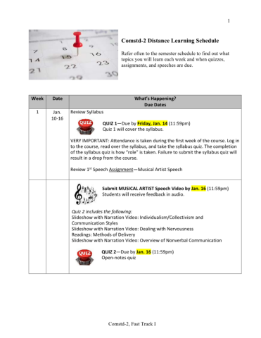 Semester Schedule Spring 2020 Fast Track