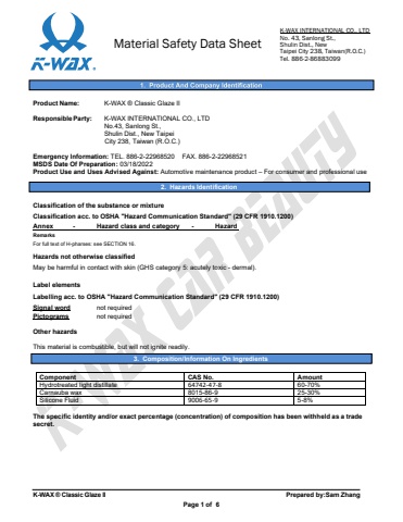 經典蠟二代 MSDS