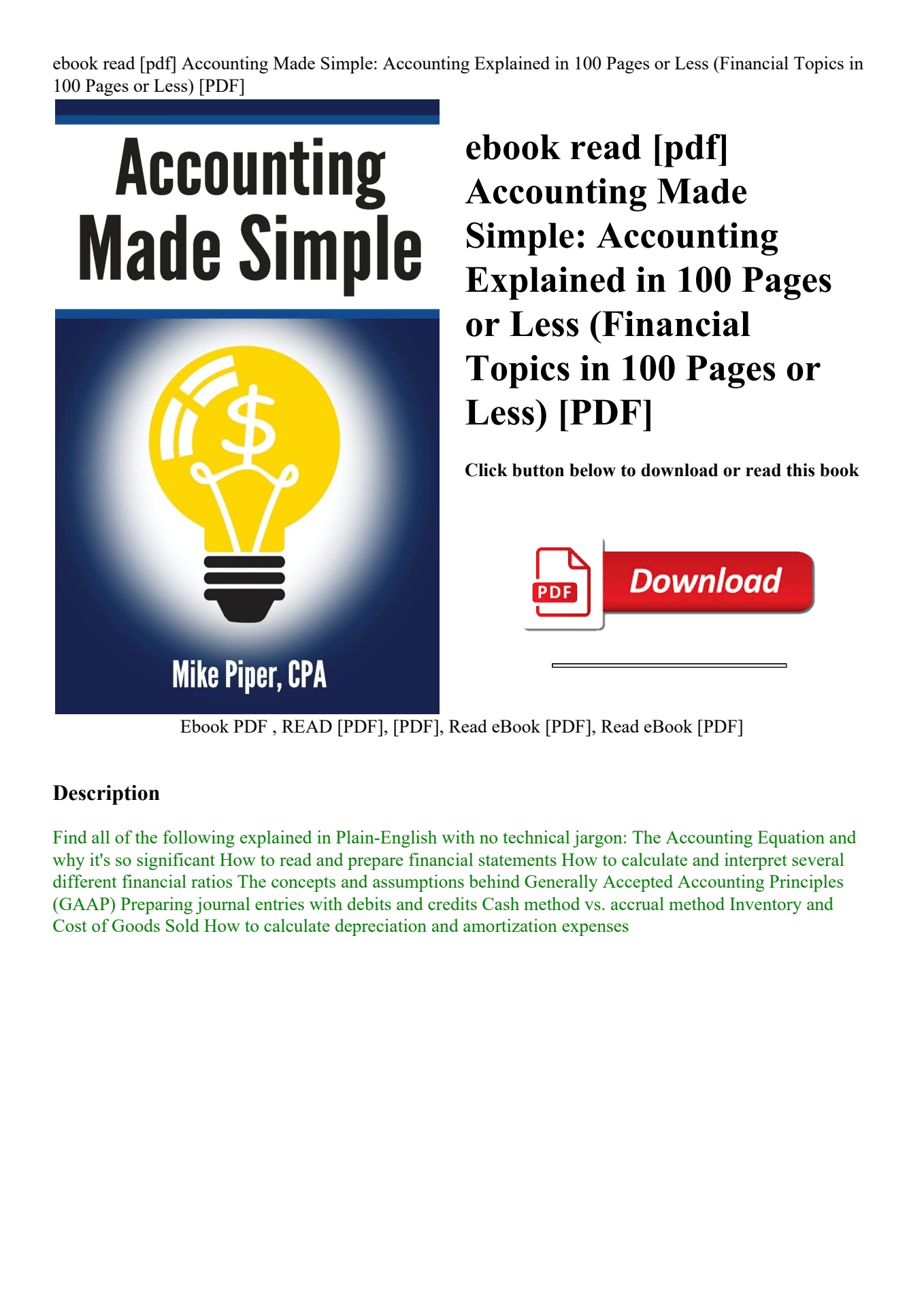 ebook read [pdf] accounting made simple accounting explained in 100 pages  or less (financial topics