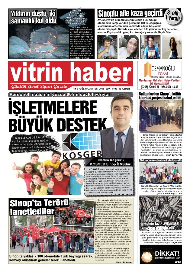 E-GAZETE VİTRİNHABER 14 EYLÜL 2015