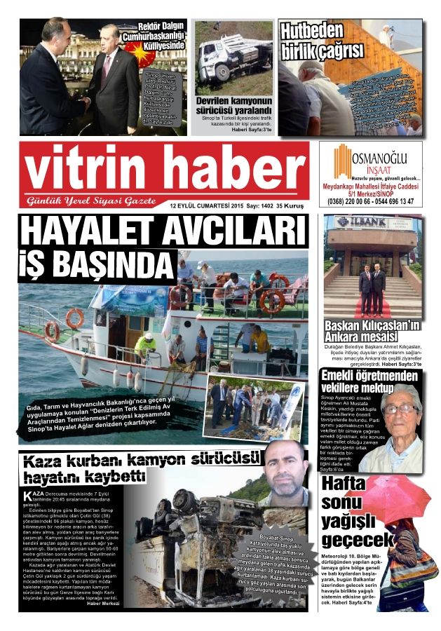 E-GAZETE VİTRİNHABER 12 EYLÜL 2015 HABERLER