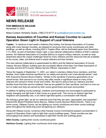 News Release_Kansas Association of Counties and Kansas Counties to Launch Operation Green Light in Support of Local Veterans