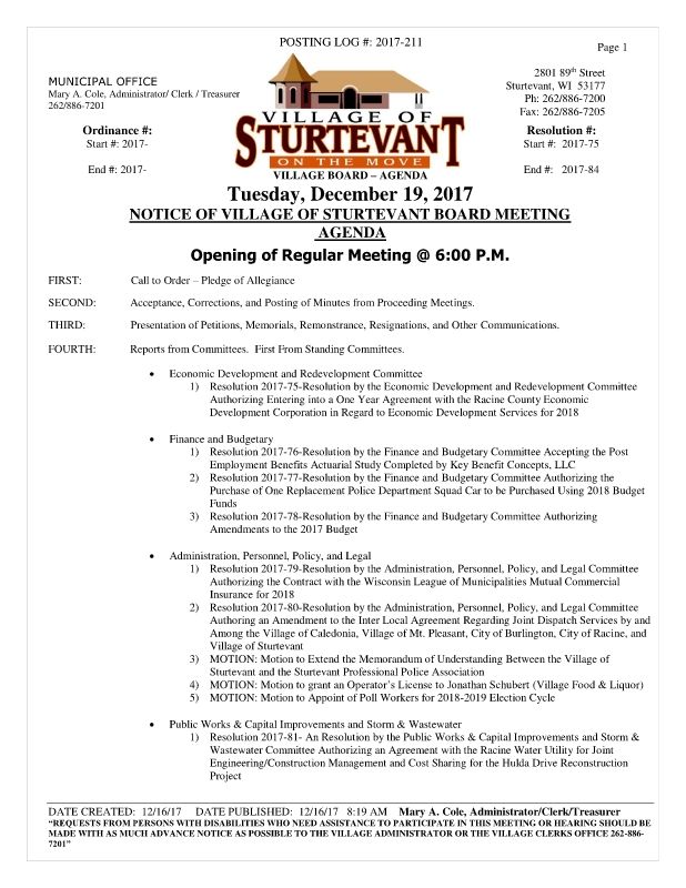 VILLAGE BOARD MEETING 12-19-17