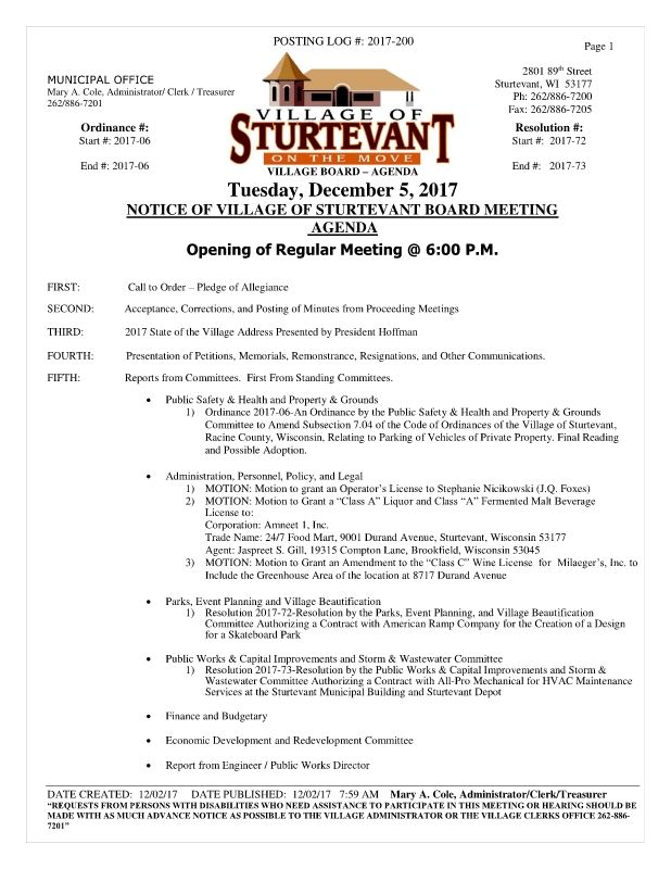 VILLAGE BOARD – BOARD NOTICE