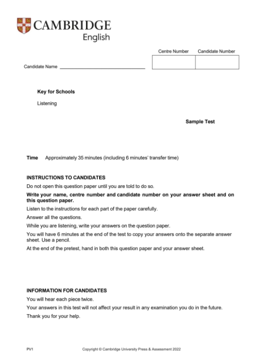 a2 key for schools 2022 sample tests listening - question paper