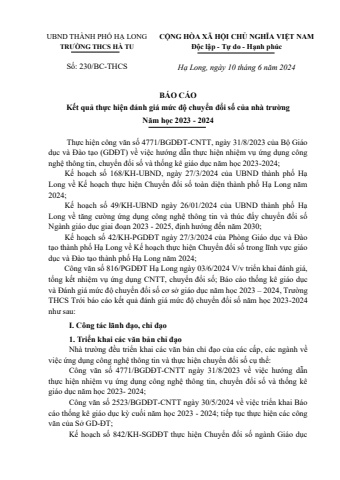 THCS Ha Tu - Báo cáo mức độ chuyển đổi số  năm học 2023-2024