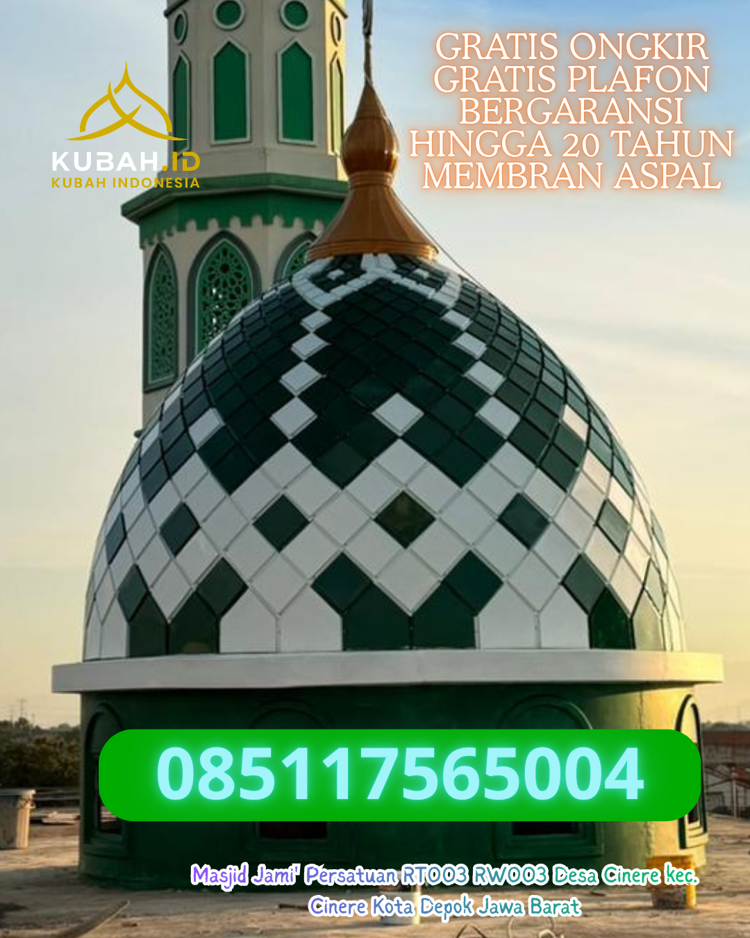 KUBAH MASJID STAINLESS STEEL DESAIN MODERN DI KOBA, BANGKA TENGAH, KEPULAUAN BANGKA BELITUNG (WA: 085117565004)