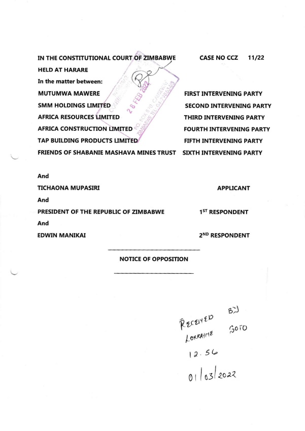 President Mnangagwa's Opposition Affidavit in the matter under Case Number 11/22