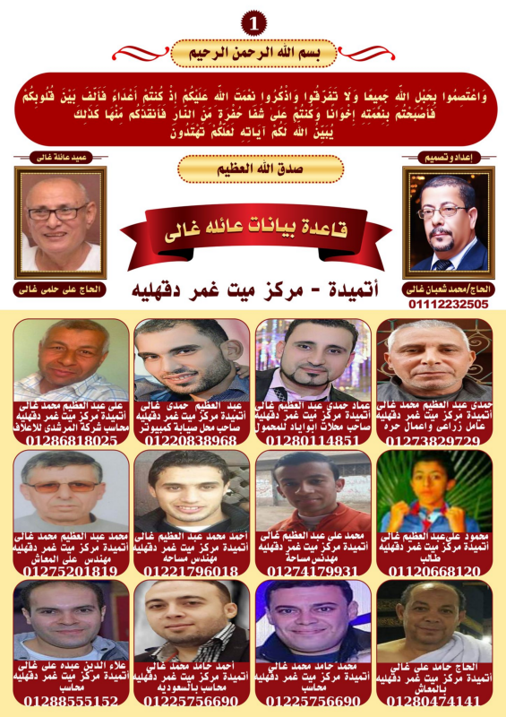 قاعدة بيانات عائلة غالى فى محافظة الدقهليه فى كتاب واحد أكترونى طاتش تصميم وتنفيذ الحاج محمد شعبان  غالى المحله الكبرى نرجو قرأت الفاتحه و الدعاء من القلب فى أخر صفحه