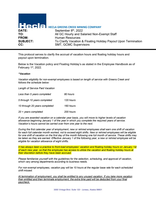 Clarification of VA FL Payout Upon Termination Protocol