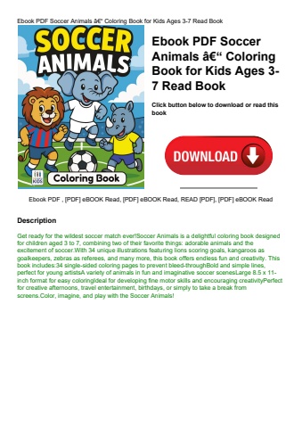ebook pdf  soccer animals ã¢â€â“ coloring book for kids ages 3-7 read book