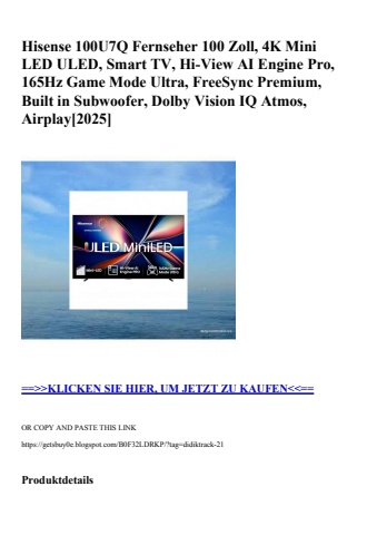 8005 hisense 100u7q fernseher 100 zoll  4k mini led uled  smart tv  hi-view ai engine pro  165hz game mo
