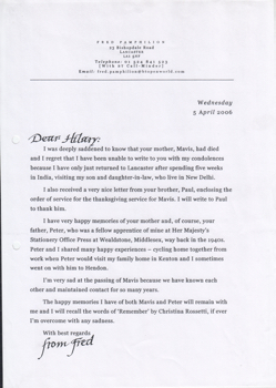 Freddie Pamphilion Letter To Hilary dated 5-April 06
