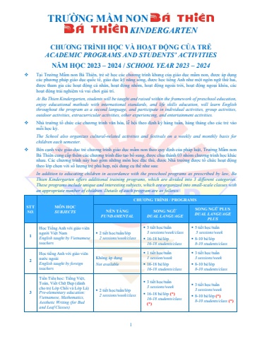 Chương trình học của trẻ - Năm học 2023-2024 (Bản cuối)