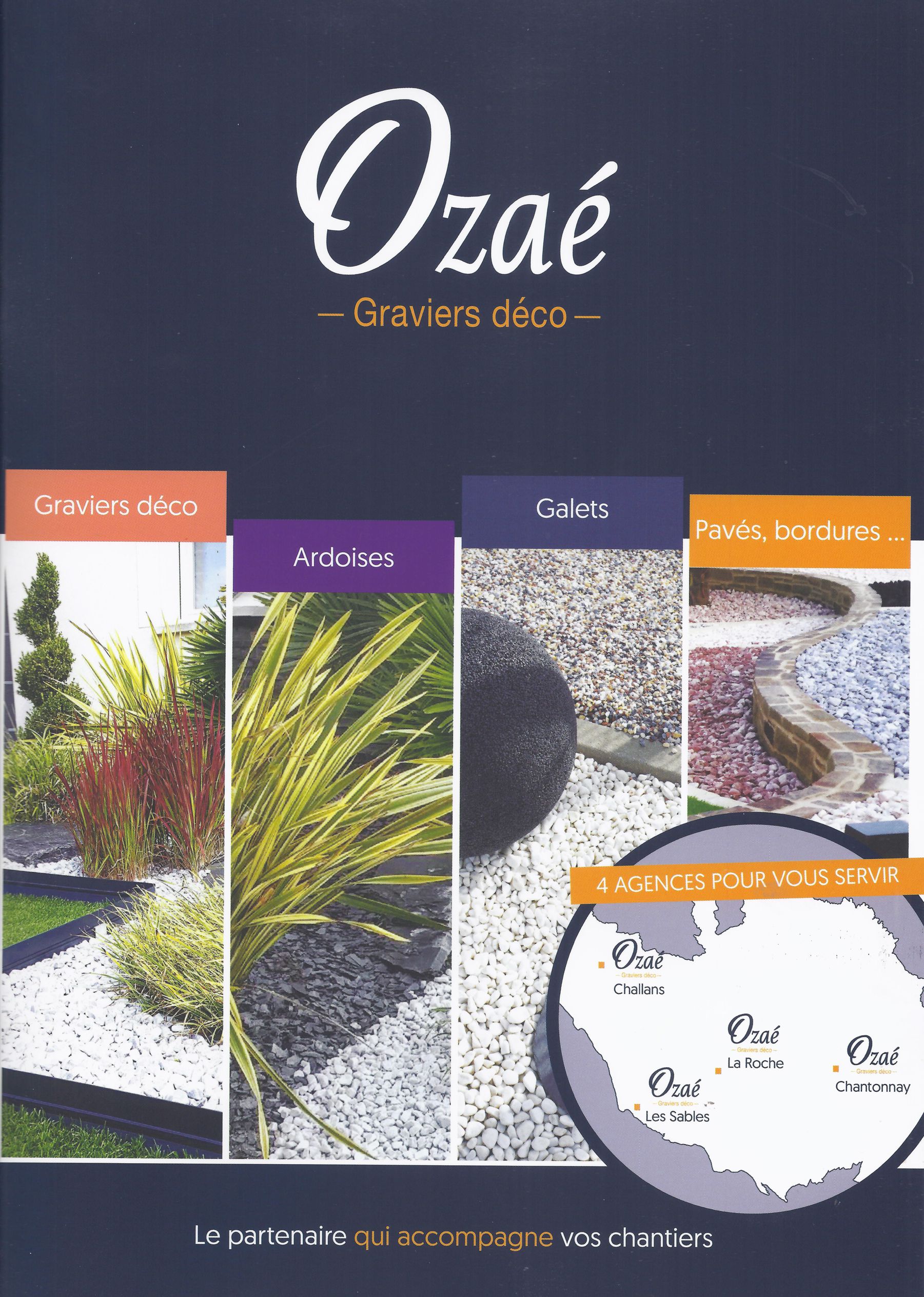 Ozae Graviers Deco | Catalogue Pierre Decorative, gravier, galets blanc pur, galet noir poli.