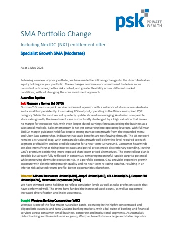 SMA Portfolio Change Specialist Growth (Moderate) + NextDC Entitlement Offer May 2026
