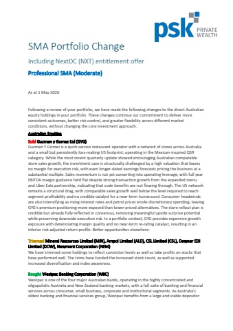 SMA Portfolio Change Professional (Moderate) + NextDC Entitlement Offer May 2026