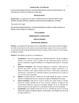 PROYECTO DE LEY DE PRESTACIÓN DE SERVICIOS Y ASESORIA PROFESIONAL INTEGRAL INMOBILIARIOS (RBV) OSCAR 2018