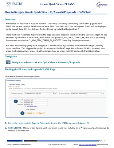 How to Navigate Grants Quick View – PI/Awards/Proposals (PAN Tab)