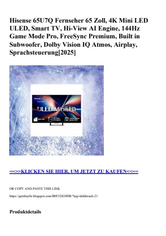 0914 hisense 65u7q fernseher 65 zoll  4k mini led uled  smart tv  hi-view ai engine  144hz game mode pro
