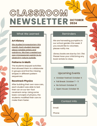 Classroom Education Newsletter in Green Red and Orange Autumn Leaves Style