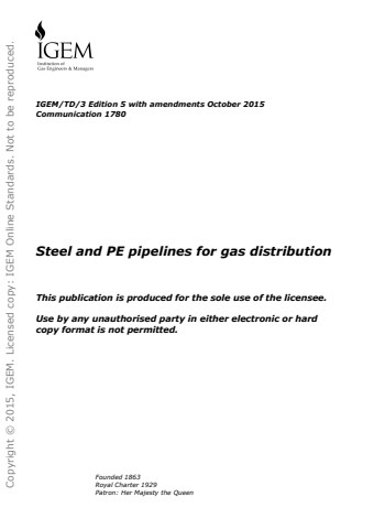 IGEM/TD/3 Edition 5 Amendments October 2015 - Steel and PE pipelines for gas distribution