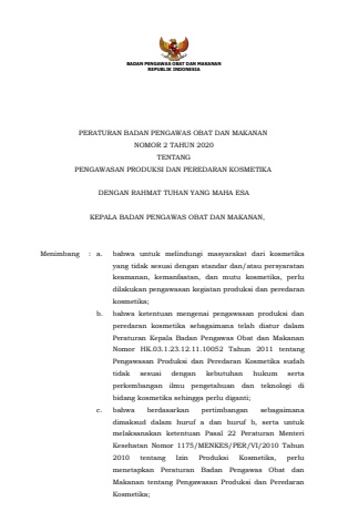 PerBPOM No. 2 tahun 2020