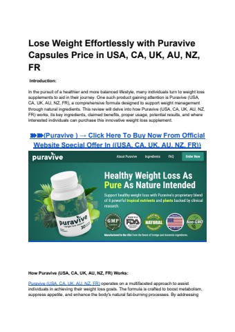 Lose Weight Effortlessly with Puravive Capsules Price in USA, CA, UK, AU, NZ, FR