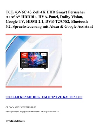 7256 tcl 43v6c 43 zoll 4k uhd smart fernseher ã¢â€â“ hdr10   hva-panel  dolby vision  google tv  hdmi 2