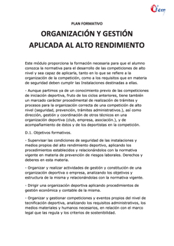 AULACFEM - Plan formativo ORGANIZACIÓN Y GESTIÓN APLICADA AL ALTO RENDIMIENTO