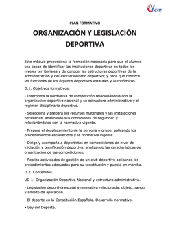 AULACFEM - Plan formativo ORGANIZACIÓN Y LEGISLACIÓN DEPORTIVA