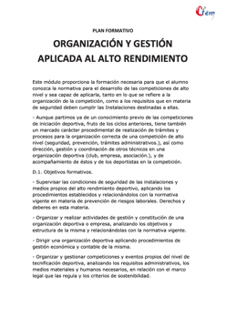 AULA CFEM - Plan formativo ORGANIZACIÓN Y GESTIÓN APLICADA AL ALTO RENDIMIENTO