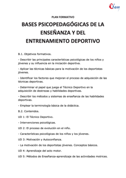 AULA CFEM - Plan formativo BASES PSICOPEDAGÓGICAS DE LA ENSEÑANZA Y DEL ENTRENAMIENTO DEPORTIVO