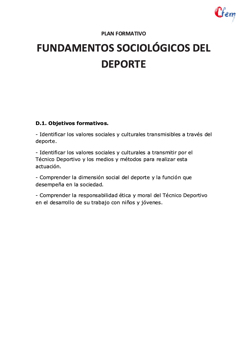 PLAN FORMATIVO FUNDAMENTOS SOCIOLÓGICOS DEL DEPORTE