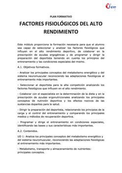 AULACFEM - Plan formativo FACTORES FISIOLÓGICOS DEL ALTO RENDIMIENTO