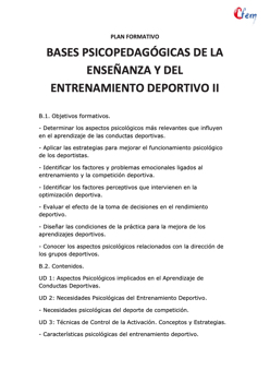 AULA CFEM -Plan formativo BASES PSICOPEDAGÓGICAS DE LA ENSEÑANZA Y DEL ENTRENAMIENTO DEPORTIVO II