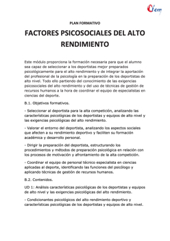 AULACFEM - Plan formativo FACTORES PSICOSOCIALES DEL ALTO RENDIMIENTO