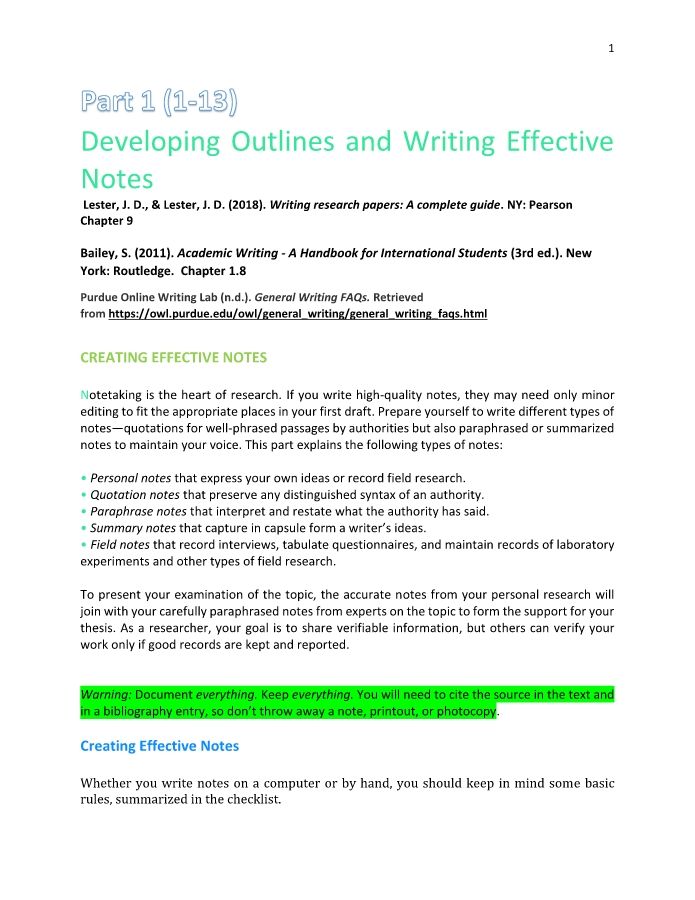 Developing Outlines and Writing Effective Notes