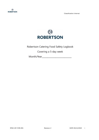 Robertson Catering Food Safety - 5 Day Logbook v2 (274pp A4)