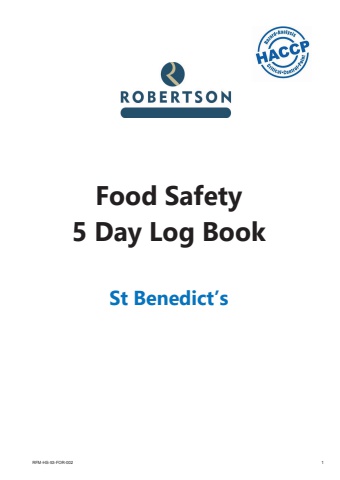 387494 LP283257 St Benedicts Food Safety 5 Day Log Book (278pp A4)