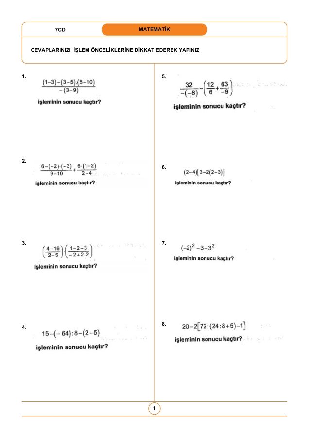 MATEMATİK 7.SINIFLAR İŞLEM YETENEĞİ ÖLÇME SINAVI