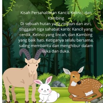 Kisah Persahabatan Kancil, Kelinci, dan Kambing Di sebuah hutan yang rimbun dan asri, tinggalah tiga sahabat karib: Kancil yang cerdik, Kelinci yang lincah, dan Kambing yang baik hati. Ketiganya selalu bersama, saling membantu dan mnghibur dalam suka dan