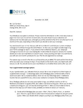 Cover letter & Medicare evaluation for Mr. Carl Zambon