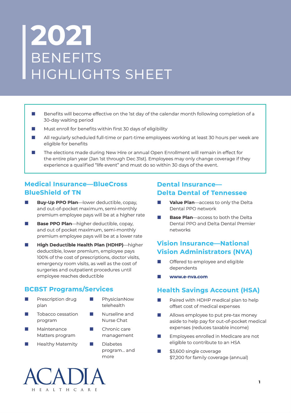 Acadia 2021 Benefits Highlights