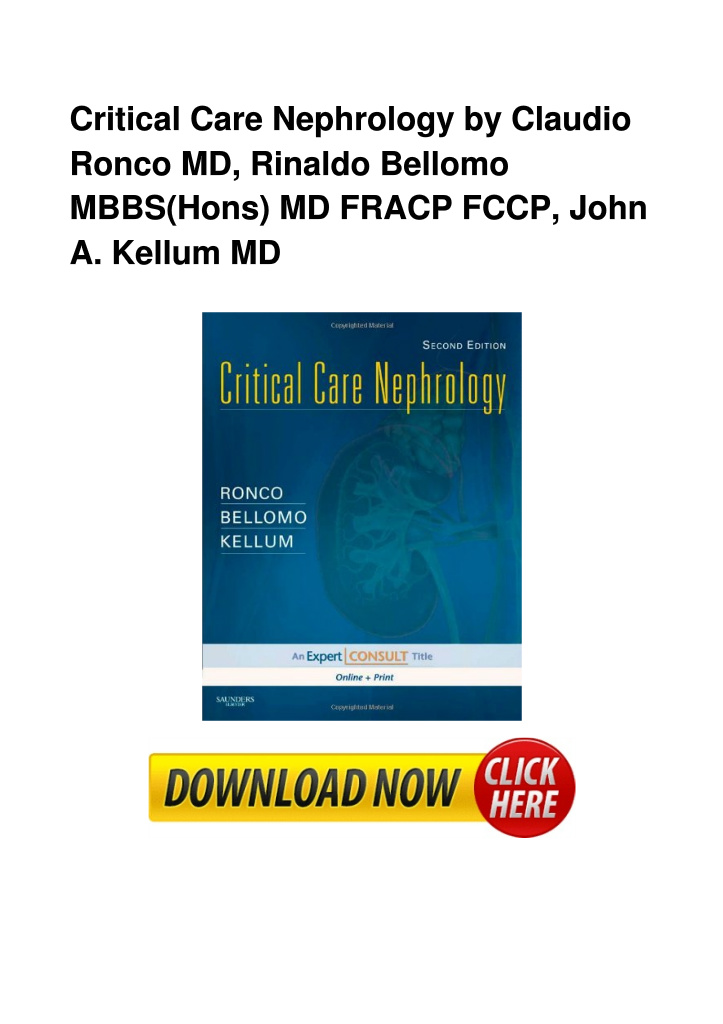 Critical Care Nephrology by Claudio Ronco MD, Rinaldo Bellomo MBBS(Hons ...