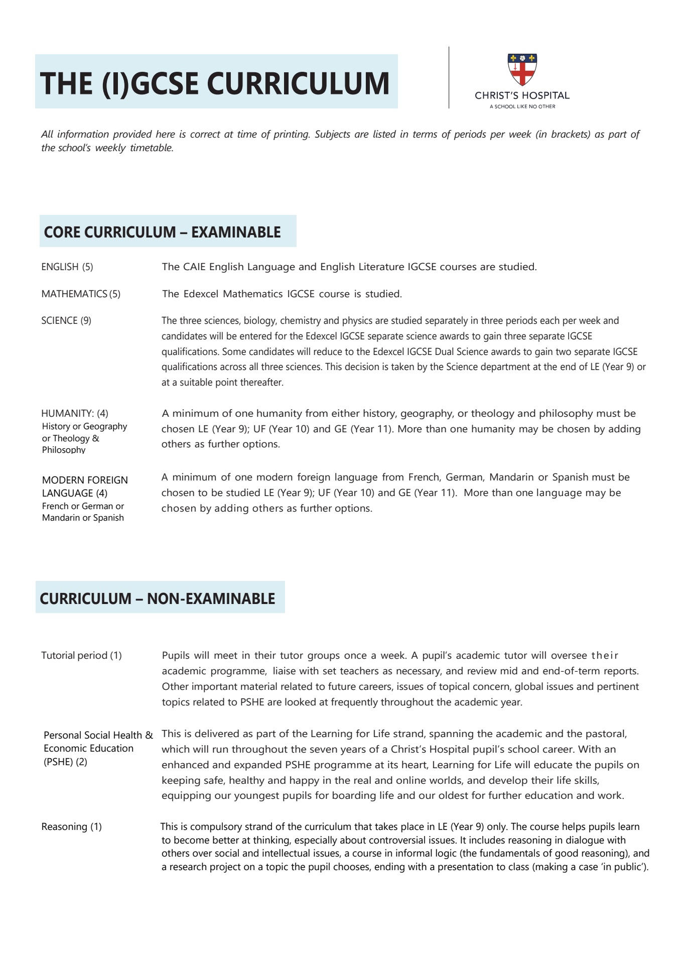 CH (I)GCSE Curriculum 2026