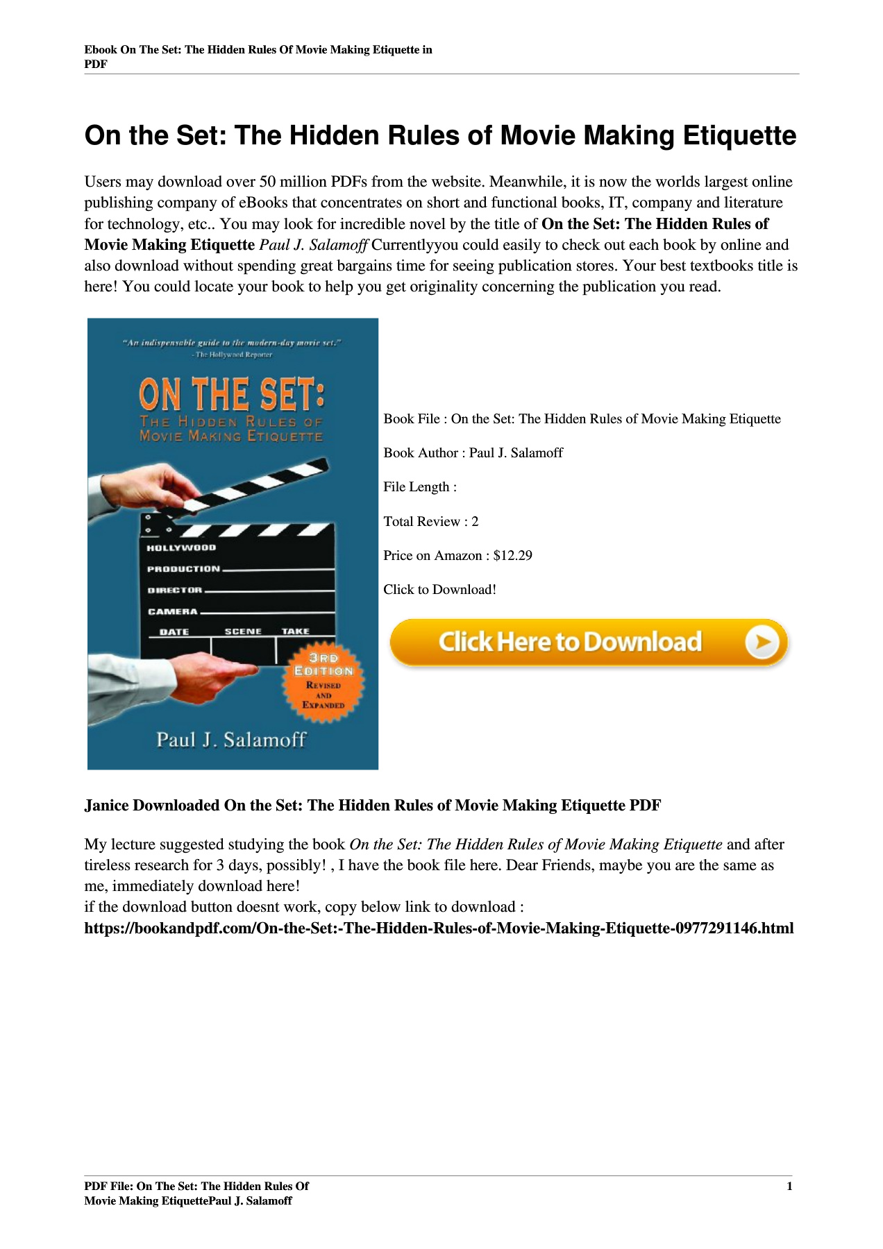 On the Set: The Hidden Rules of Movie Making EtiquettePaul J. Salamoff