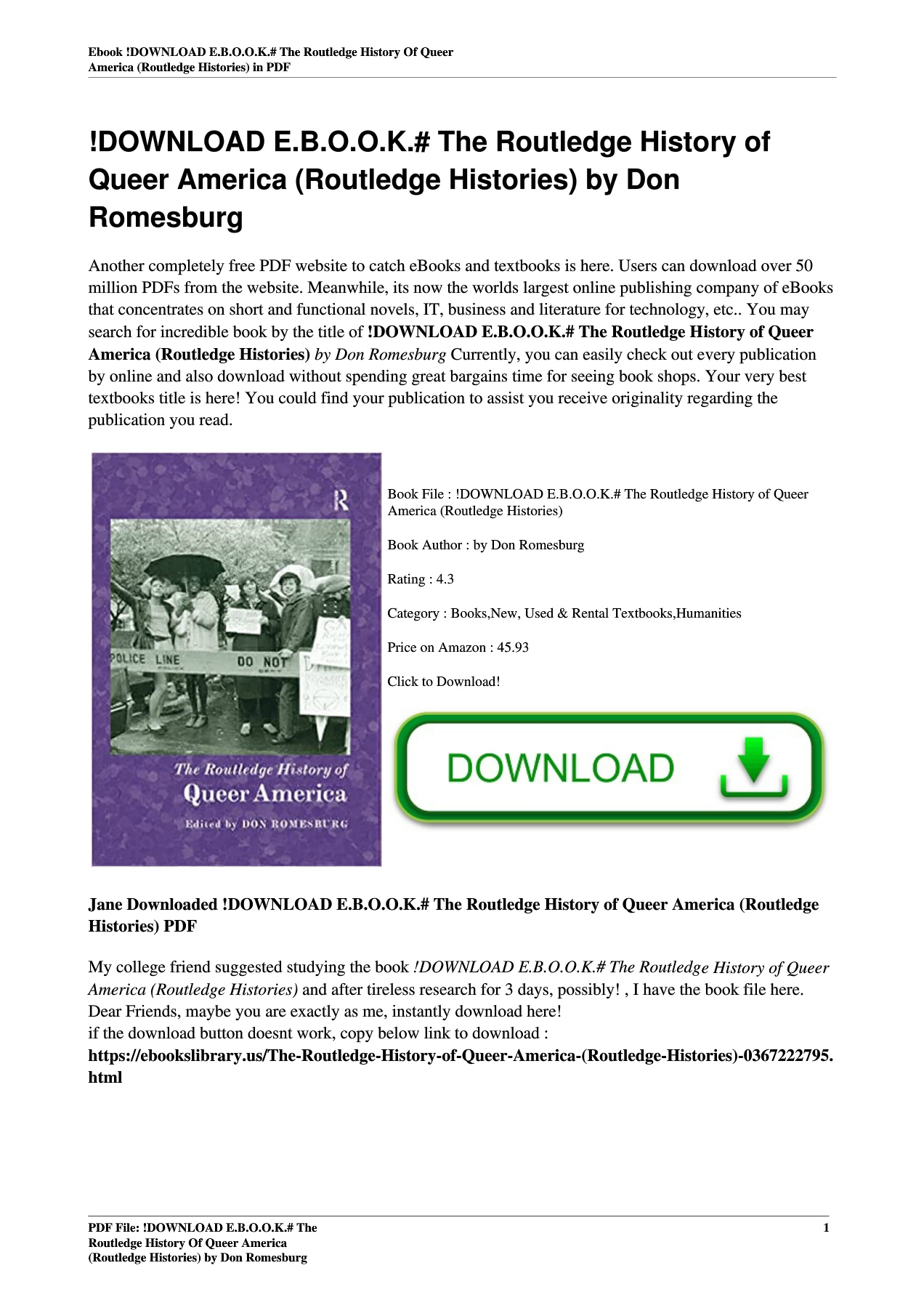 Don Romesburg !DOWNLOAD E.B.O.O.K.# The Routledge History of Queer America (Routledge ...